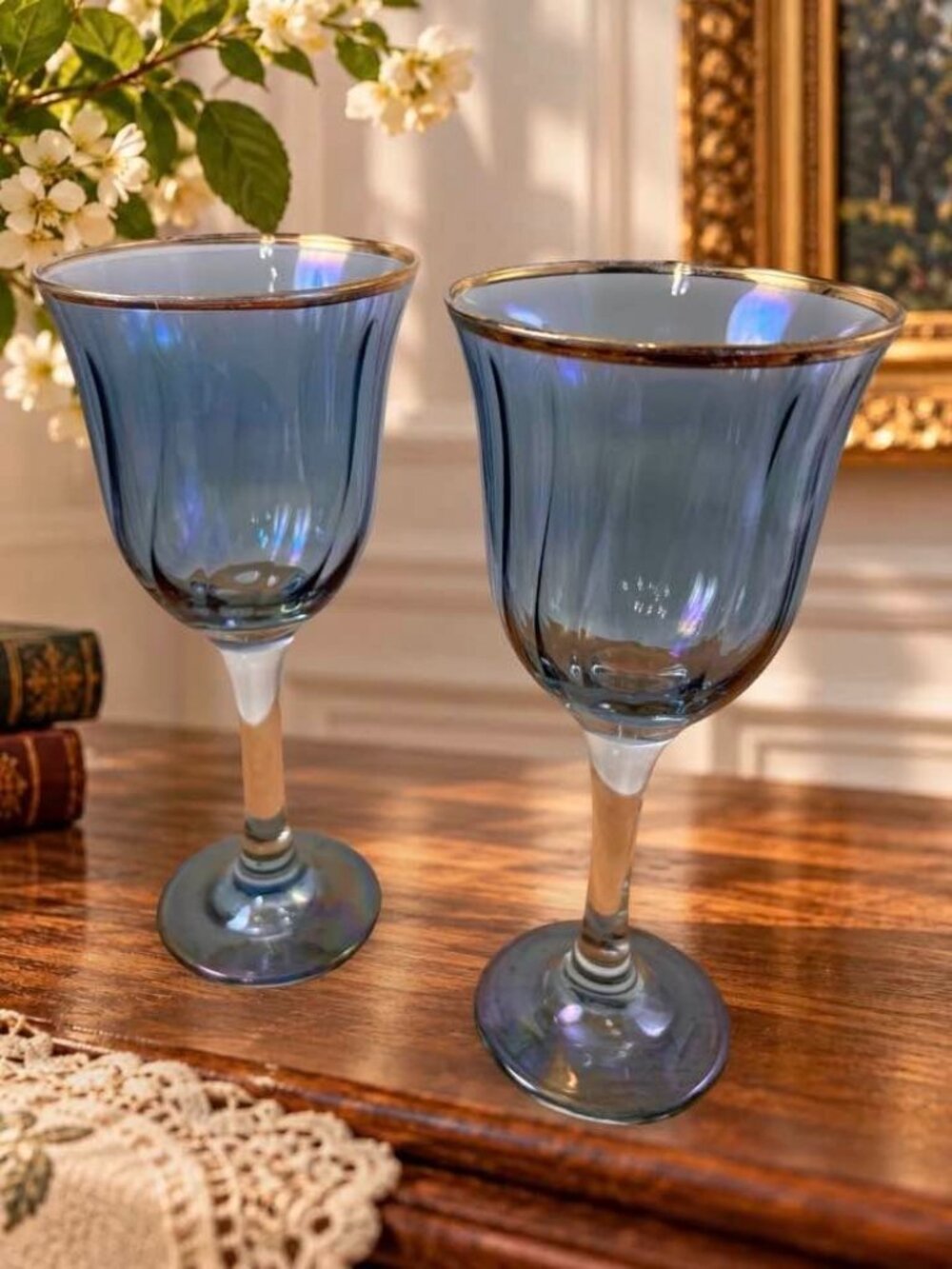 Pair Vintage Hand-Blown Smoky Blue Iridescent Optic Goblets – Gold Rim – 7¾" Art - Picture 7 of 9